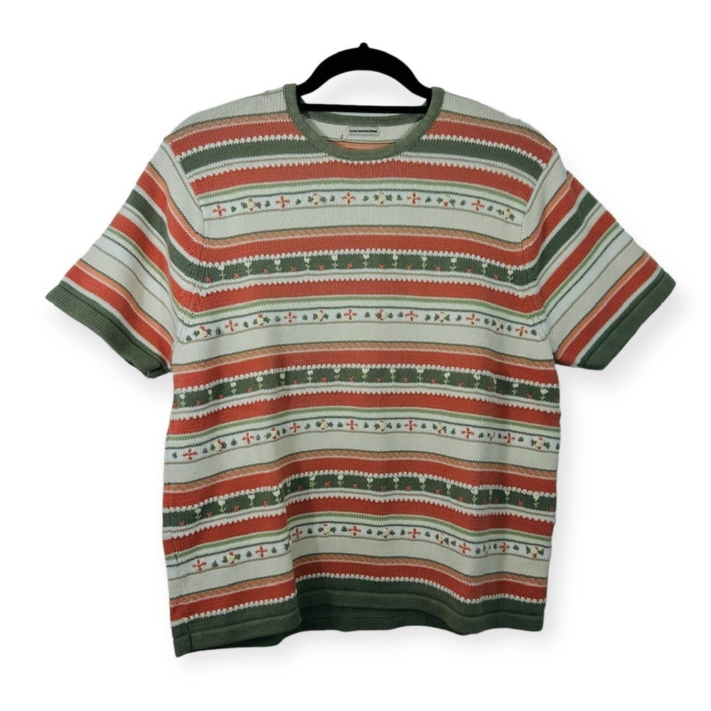 Hand Embroidered Striped Knit Floral Spring Short Sleeve Top